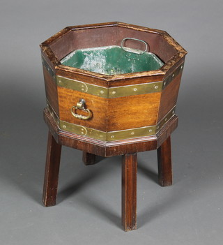 An octagonal Georgian style mahogany and brass banded wine cooler/planter 20"h x 15"w x 15"d 
