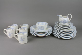 A Burleigh blue and white tea set comprising 5 mugs, 6 bowls, sugar bowl, milk jug, saucer, 6 side plates, 5 small plates and 6 dinner plates