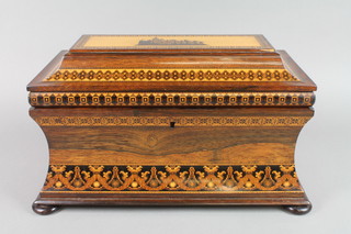 A Victorian Tunbridge Ware twin compartment tea caddy of rectangular waisted form, the lid inlaid a with a view of Eridge Castle, the interior fitted mixing/sugar bowl, raised on bun feet  in the manner of Edmund Nye 7"h x 13 1/2"w x 7"d 