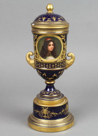 A mid 19th Century Austrian blue and gilt urn and cover with portrait panel 11", f, 