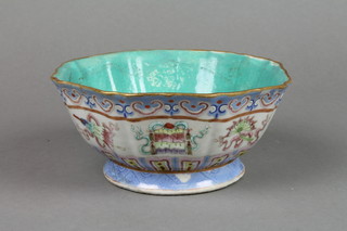 A 19th Century Chinese octagonal bowl with panels of motifs on a white ground with character mark and wax seal 6"