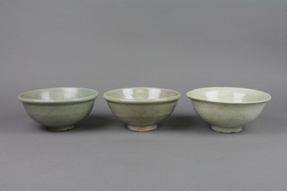 A 19th Century Celadon deep bowl of plain form 6.75", a ditto 6.75" and 1 other 6.75" 