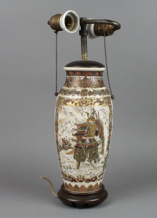 A late 19th Century Satsuma oviform vase decorated with panels of Samurai in winter landscapes and birds amongst flowers, converted to electricity 12" 