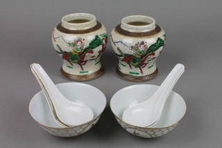 A pair of crackle glazed baluster vases decorated with warriors 4.5", together with 2 bowls and 5 spoons