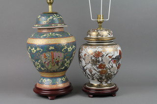 A 20th Century famille rose style baluster vase and cover converted to electricity 14", an Imari ditto 12" 