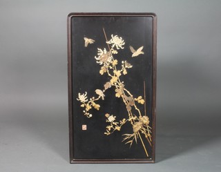 A Fujiama panel inlaid with ivory birds amongst branches, some damage 37" x 51 1/2"