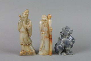 A Chinese carved hardstone figure of a seated Dog of Fo 3" and 2 carved hardstone figures of sages 5 1/2" 