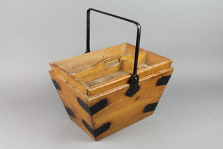 A rectangular pine and iron bound house keepers box with swing handle, the top fitted a tray 8" x 14" x 10"