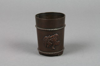 A Japanese cylindrical bronze measure decorated figures 3 1/2"