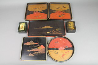 A black Russian lacquered box 4", 5 various lacquered trays, a Chinese lacquered jar and cover