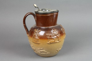 A 19th Century stoneware harvest jug with plated lid 9"