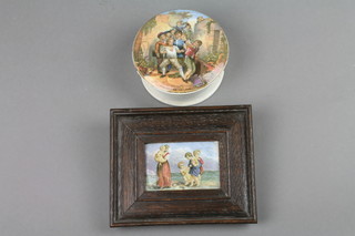 A Pratt ware pot lid and base - The Wolf and The Lamb 4" and a ditto rectangular panel of a family on a beach 2" x 3" 
