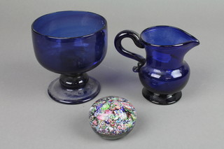 A 19th Century Bristol blue pedestal bowl 4", f, a ditto jug 4" and a millefiori paperweight 2" 