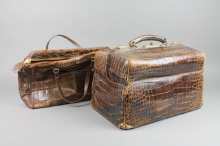 A lady's rectangular brown crocodile vanity case 8"h x 13"w x 9"d together with a crocodile bag 