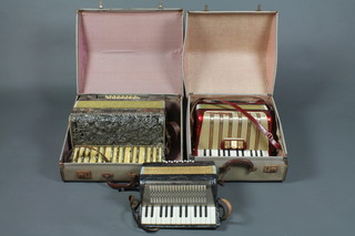 A Hohner Student VM accordion with 48 buttons, a Belazani German accordion with 24 buttons and a Hohner Mignon II accordion 