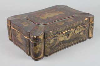 A 19th Century rectangular Chinese lacquered box with hinged lid decorated a tea ceremony 3 1/2" x 11" x 7 1/2"