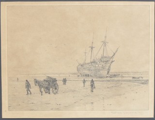 Roland Langmaid, etching of a beached 19th Century Man of War, signed in pencil,  9.5" x 12"