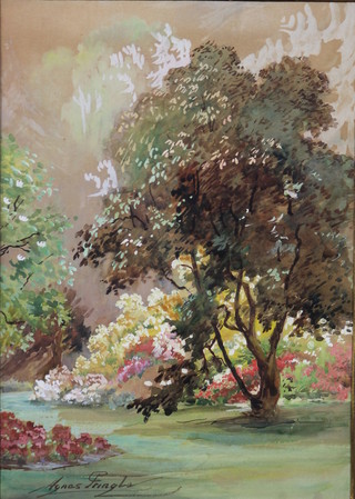 Agnes Pringle, watercolour, study of a garden landscape with trees, signed 13.5" x 9.5"