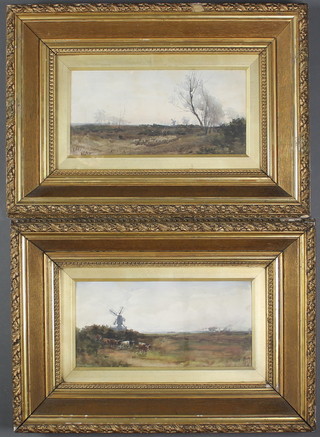 R Hume RBA, watercolour drawings a pair, studies of Norfolk landscape with figures, sheep, cattle and distant windmill, signed, 6.5" x 13"