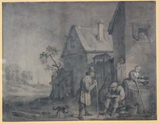 A 19th Century pencil with chalk highlights, sketch of a Dutch landscape with figures before country buildings with a distant church 13 1/2" x 17 1/2"