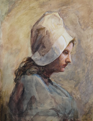 An Edwardian watercolour, study of a Dutch lady with white hat 11" x 9" 