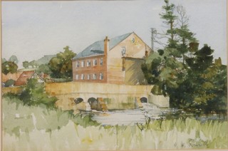 20th Century watercolour, river landscape with buildings, indistinctly signed, 6" x 9"