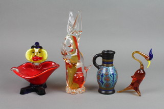 A Murano glass clown dish 5", 2 other items of glassware and a Gouda vase