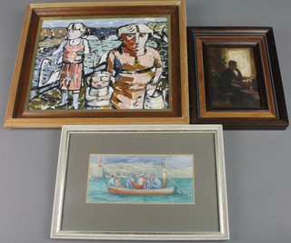 Kate Foster, oil, study of a writer at table, signed, 5" x 4"  with Royal Society of British Artists label on verso, Ida Cooke oil, study of a figures on a jetty 7.5" x 10" with Mall Gallery label on verso, Joyce Lillingstone watercolour figures in a boat 3" x 6" label on verso