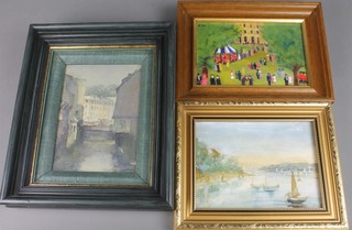 R M Whittle "Garden Party" 5" x 7.5" with Mall Gallery label to verso, Violet Tambrill watercolour 4.5" x 7.5"  Mall Gallery label to verso, Joan Sawden, watercolour river landscape in Brittany 8" x 4" Mall Gallery label to verso 