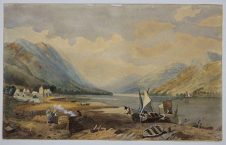 A 19th Century watercolour, extensive lakeside view with fisherfolk, distant buildings and mountains 12" x 19" 