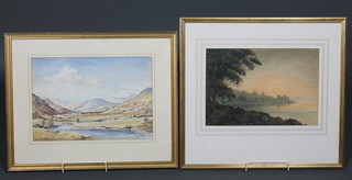 19th Century watercolour, a loch scene with ruined buildings 9 1/2" x 14" together with a watercolour study of a mountain scene with river 