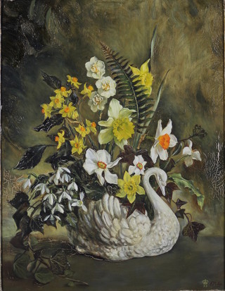 B Nimo '53, oil, still life study of a vase of a spring flowers in a swan bowl, signed and dated 18" x 13 1/2"