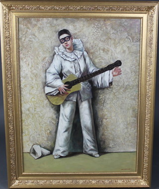 Neil Kirkwood, oil, 20th Century study of a standing Pierrot playing a guitar, signed 39" x 29" 