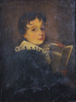 A 19th Century oil on canvas laid on board, study of a young boy with ruff collar holding a book, 21 1/2" x 15 1/2" 