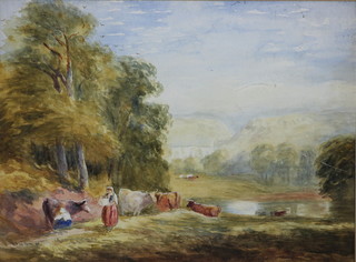 19th Century watercolour, a Sussex landscape view of milkmaids with cattle and railway bridge 11" x 15"