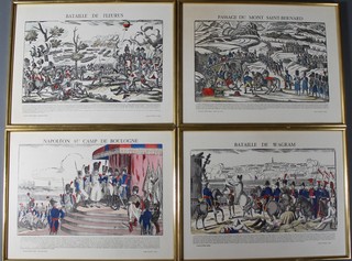 Pellerin d'Epinal, a set of 4 woodblock prints, Napoleonic battle scenes, re-strikes, contained in gilt frames 26" x 20" 