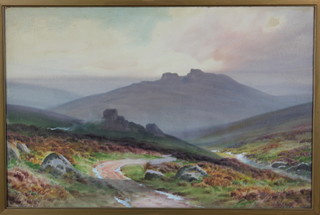 Florens Gouthey, watercolour, Edwardian moorland scene with distant hills, signed 19" x 29" 