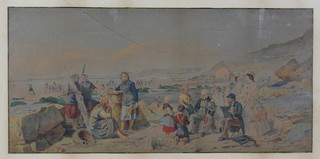 John Absolon 1858, watercolour, an extensive Dorset beach scene with figures, fisherfolk and children with distant buildings and harbour, signed and dated 13" x 27" 