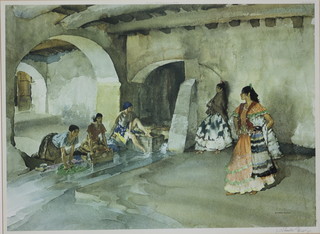 William Russell Flint, print, interior study with Spanish ladies washing clothes, signed in pencil 15" x 21"