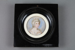 Miniature watercolour, study of Lady Dorgoyne, circular portrait in ivory and ebony frame 2 1/2"