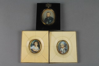 19th Century miniature, study of a gentleman in an ebony frame with acorn mounts and 2 others