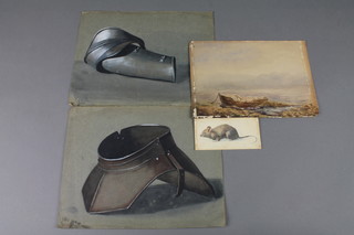 A pair of Edwardian watercolours, study of a mouse, unframed 2.5" x 5", 2 studies of pieces of armour, unframed, 9" x 11" and a lakeside view with moored boat and distant mountains 7" x 9"