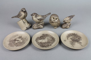 4 1960's Poole brown glazed figures of birds, 3 ditto dishes