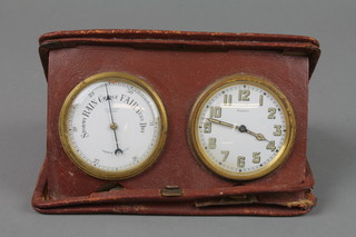 J C Vickery, an 8 day travelling clock and barometer with enamelled dial contained in a red leather folding case 