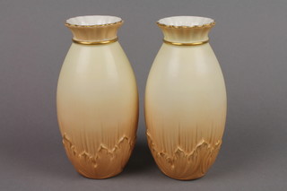 A pair of Royal Worcester Grainger & Co blush porcelain ovoid vases with waisted necks decorated with stylised leaves 5.5"