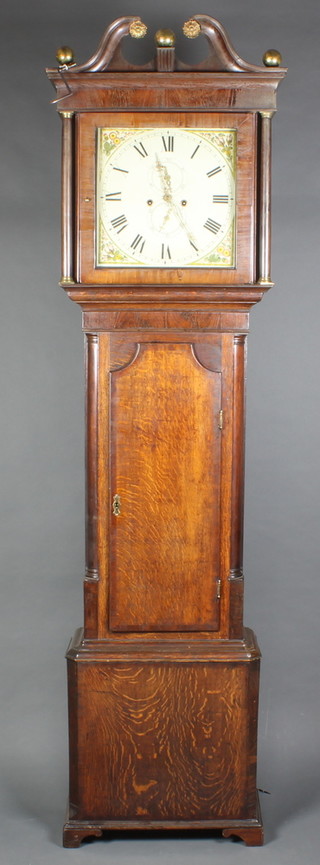 A Georgian 8 day striking longcase clock, the square dial painted spandrels and with subsidiary second hand and calendar hand 14", contained in an oak case 85"h, complete with pendulum and weights