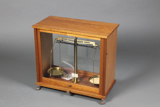 Baird & Tatlock, a pair of brass laboratory scales complete with weights no.705, contained in a mahogany case