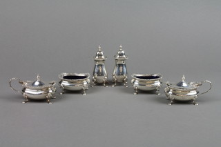 A 6 piece silver condiment set with gadroon rims on pad feet, Birmingham 1938, 1939, 1940 and 1941, approx. 7.5ozs 