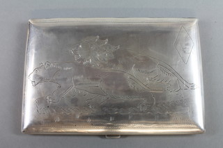 An Indian white metal cigarette case with engraved map and lions, approx. 6.3 ozs 