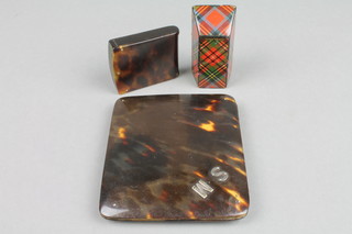 A tortoiseshell and silver mounted billfold wallet 4", a ditto vesta and a tartanware needle case